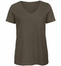 B119F by B&C Collection is an olive green V-neck T-shirt with short sleeves, displayed in a flat position.