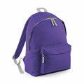 Introducing the Bagbase B125J: a vibrant purple backpack featuring a zippered main compartment, a front pocket, and adjustable grey straps. Displayed against a white background, it combines functionality with style.