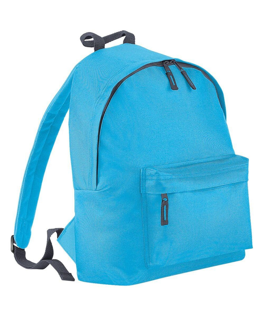 The Bagbase B125J is a bright blue backpack featuring black zippers, a front pocket, adjustable shoulder straps, and a convenient carrying handle on top.