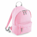 The Bagbase B125S is a pink backpack featuring gray adjustable shoulder straps, a top handle, and a front zipper pocket. It includes a main compartment with two zippers, showcasing a simple and sleek design.