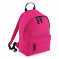 Presenting the Bagbase B125S, a vibrant pink backpack accented with black zippers. It comes with adjustable shoulder straps and a convenient top carrying handle. The front includes a zippered pocket for extra storage space.