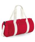 Bagbase B140L red cylindrical duffel bag featuring white straps and a small front zipper pocket.