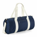 A Bagbase B140L duffel bag in navy blue, featuring white straps and a small exterior zip pocket.