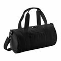 Introducing the Bagbase B140S: a sleek black cylindrical duffel bag featuring a zippered main compartment and a front zip pocket. It includes two handles and an adjustable shoulder strap for convenience.