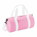 The Bagbase B140S is a pink duffel bag with white straps and a shoulder strap, featuring a zippered pocket on the front.