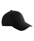 The Caps product is a black baseball cap featuring a slightly curved brim and small ventilation holes on the side panels, displayed against a white background.