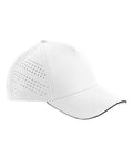 Caps: A plain white baseball cap with a curved brim and side panel perforations for ventilation, displayed on a white background.