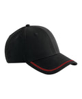 The Caps product is a black baseball cap with a slightly curved peak and a thin red stripe along the edge of the peak, displayed against a white background.
