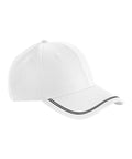 Caps: A plain white baseball cap with a curved brim and a single black stripe near the edge, displayed from a front-side angle on a white background.