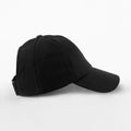 Side view of a Beechfield B173R black baseball cap against a white background.