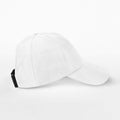 A Beechfield B173R baseball cap in white, featuring a black adjustable strap, viewed from the side against a plain background.