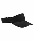 A Beechfield B174R black visor hat with a curved brim and an adjustable strap at the back is displayed against a white background. The Beechfield B174R visor is made of fabric and designed to shade the eyes from the sun.