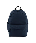 The Bags rucksack is navy blue with a large front pocket, two side pockets, and a top handle, displayed against a white background.