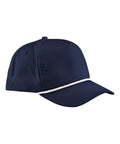 The Caps product is a navy blue baseball cap featuring a white trim above the peak, displayed from a front-side angle against a plain white background.