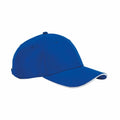 Beechfield B195R baseball cap in blue, featuring a curved brim and white trim, shown from a side angle.