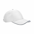 The Beechfield B195R is a plain white baseball cap featuring a curved brim and an adjustable strap, with the edge of the brim adorned with a subtle black lining.