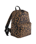 The Bags rucksack has a brown and black leopard print, front zip pocket, side pockets, adjustable shoulder straps, and a top handle. It's shown against a white background.