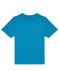 A plain, short-sleeve, crew neck T-shirt in solid bright blue is laid flat on a white background with no visible logos, designs, or patterns.