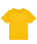 A yellow T-shirt short-sleeve T-shirt with a classic crew neck and no visible logos or patterns is laid flat on a white background.