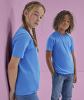 Two kids wear B&C Collection's B&C #E150 /kids blue T-shirts and jeans, posing against a pink background—one leans on the wall with arms at sides, the other stands with hands in pockets; both face the camera.