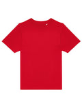 A plain red T-shirt short-sleeved shirt with a classic crew neckline is laid flat on a white background, featuring no logos, designs, or patterns.