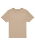 A plain beige T-shirt with short sleeves and a crew neckline is laid flat on a white background. It features no visible logos, designs, or patterns.