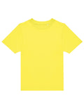 A plain yellow T-shirt short-sleeve, with a crew neckline and no visible logos or designs, is laid flat on a white background.