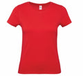 A front-view image showcases the B210F, a plain red women's T-shirt with short sleeves from B&C Collection, set against a white background.
