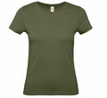 The B210F by B&C Collection is a plain olive green short-sleeve t-shirt displayed flat on a white background to showcase the front design. It features a round neckline and a fitted cut, ideal for casual wear.