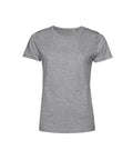 A heather grey T-shirt with short sleeves and a crew neckline is shown against a white background, featuring a simple, unadorned style.