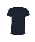 A dark navy blue T-shirt with short sleeves, a round neckline, and a fitted, plain design is displayed against a white background. No logos or patterns are visible.