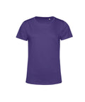 A plain, short-sleeved T-shirt product in purple with a round neckline is shown against a white background, featuring no visible logos or designs.