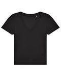 A black short-sleeve V-neck T-shirt is displayed flat on a white background, featuring a simple design with no logos, patterns, or embellishments.