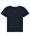 A navy blue, short-sleeved V-neck T-shirt is shown laid flat on a white background, highlighting the front and neckline details.