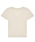 A T-shirt’s short-sleeved V-neck in light beige is laid flat on a white background.