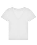 A plain white short-sleeve V-neck T-shirt is laid flat on a white background, featuring a simple design with no visible logos, patterns, or decorations.