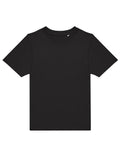 A plain black T-shirt short-sleeve crew neck T-shirt is laid flat on a white background, featuring no visible logos, graphics, or patterns.