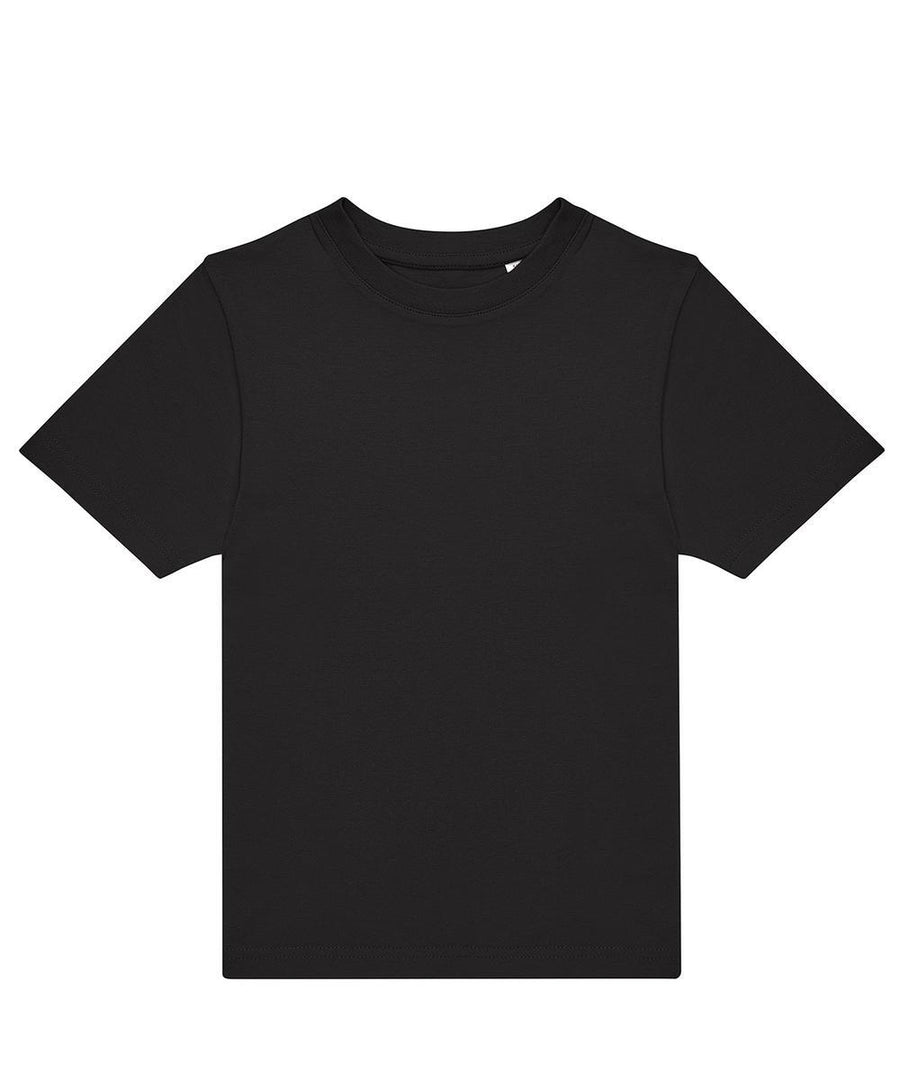 A plain black T-shirt short-sleeve crew neck T-shirt is laid flat on a white background, featuring no visible logos, graphics, or patterns.
