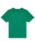 A T-shirt product in plain green is displayed flat on a white background, showcasing its short sleeves and front view.