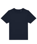 A navy blue T-shirt short-sleeve shirt with a classic crew neckline is laid flat on a white background. It features a plain design with no visible logos, patterns, or graphics.