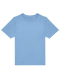 A plain light blue T-shirt short-sleeve shirt is laid flat on a white background, featuring no visible designs or logos.