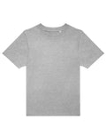 A light grey, short-sleeved crew neck T-shirt is laid flat on a white background, featuring a plain design with no visible logos or patterns.