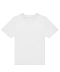 A plain white short-sleeve crew neck T-shirt is laid flat on a white background, made of cotton fabric with no visible designs, logos, or text.