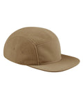 Caps: Tan five-panel design with flat peak, combining smooth and textured fabric panels. Features two metal ventilation eyelets on the side.