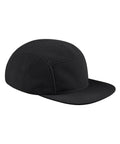 Caps: Black five-panel design with a curved brim, side eyelets, and mixed textures—smooth front panel paired with fuzzy sides and crown.