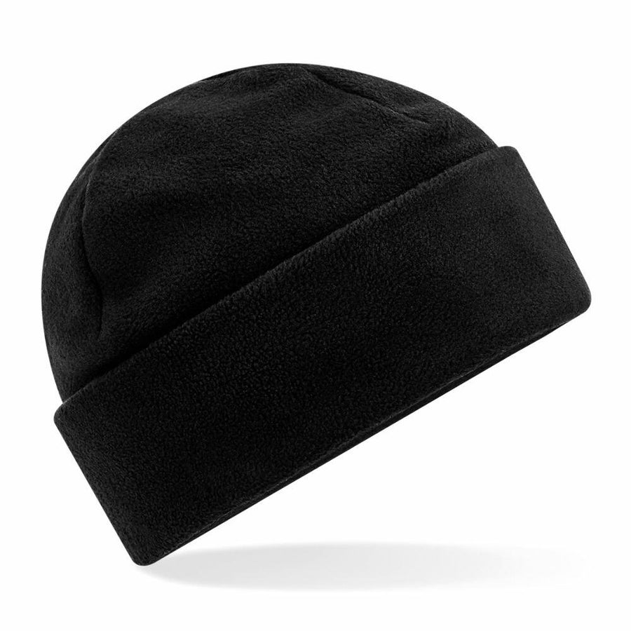 A Beechfield B243R black beanie featuring a folded brim is displayed against a white background.