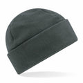 The Beechfield B243R is a dark green fleece beanie featuring a wide folded brim. It looks soft and warm, making it ideal for cold weather, and is displayed against a plain white background.