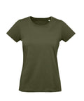 A women’s olive green T-shirt, short-sleeved and plain, is shown on a white background.