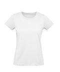 A women's T-shirt with short sleeves, a round neckline, and a fitted silhouette is shown against a white background.