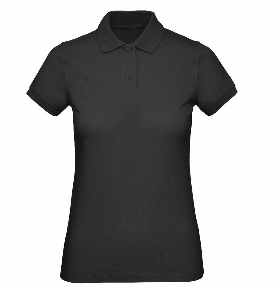 B&C Collection B260F: Black short-sleeve polo shirt featuring a collar and three buttons, set against a plain white backdrop.